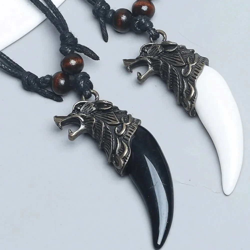 3for$20 1pc Braid Rope Necklace Men Pendant Necklace, Wolf Head Necklace tooth